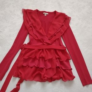 Boston Proper ruffled tiered wrap cardigan waist tie